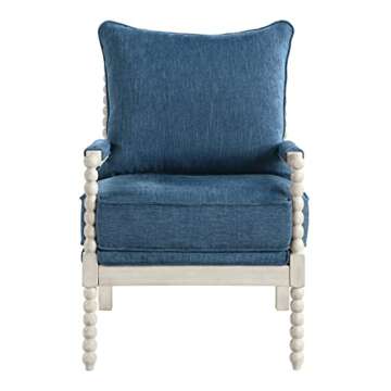 OSP Home Furnishings Kaylee Spindle Accent Chair with Antique White Wood Frame, Navy Blue Fabric