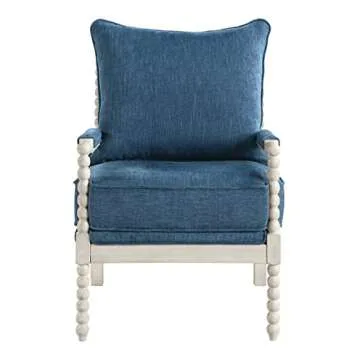 OSP Home Furnishings Kaylee Spindle Accent Chair with Antique White Wood Frame, Navy Blue Fabric
