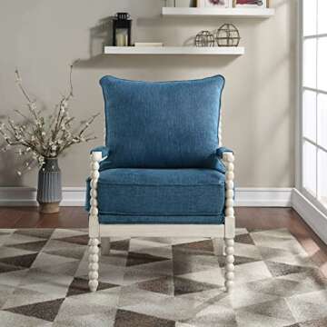 OSP Home Furnishings Kaylee Spindle Accent Chair with Antique White Wood Frame, Navy Blue Fabric