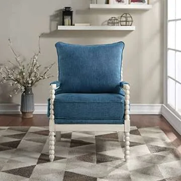 OSP Home Furnishings Kaylee Spindle Accent Chair with Antique White Wood Frame, Navy Blue Fabric
