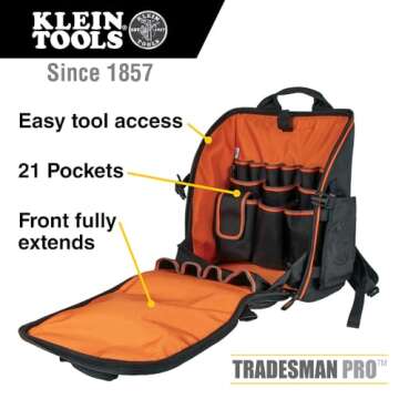Klein Tools 55482 Tool Bag Backpack, Heavy Duty Tradesman Pro Tool Organizer with 21 Pockets and Lar...