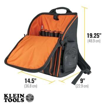 Klein Tools 55482 Tool Bag Backpack, Heavy Duty Tradesman Pro Tool Organizer with 21 Pockets and Large Interior, Water Resistant
