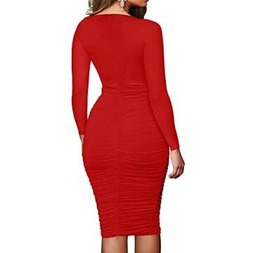 BEAGIMEG Women's Ruched Long Sleeve Elegant Bodycon Basic Casual Midi Dress Red