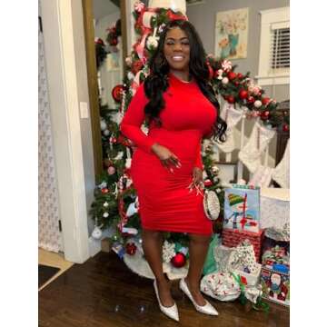 BEAGIMEG Women's Ruched Long Sleeve Elegant Bodycon Basic Casual Midi Dress Red