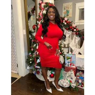 BEAGIMEG Women's Ruched Long Sleeve Elegant Bodycon Basic Casual Midi Dress Red