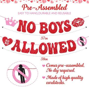 Happy Galentine's Day Decoration No Boys Allowed Banner Valentines Day Be My Galentine Decor Girls Women Bachelorette Bridal Shower Gal Pals Party Glitter Supplies