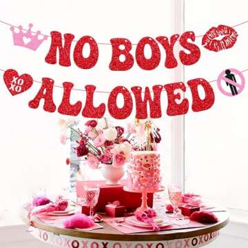 Happy Galentine's Day Decoration No Boys Allowed Banner Valentines Day Be My Galentine Decor Girls Women Bachelorette Bridal Shower Gal Pals Party Glitter Supplies