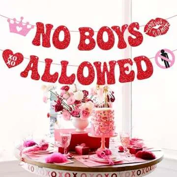 Happy Galentine's Day Decoration No Boys Allowed Banner Valentines Day Be My Galentine Decor Girls Women Bachelorette Bridal Shower Gal Pals Party Glitter Supplies