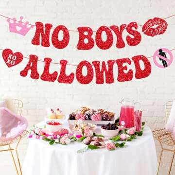 Happy Galentine's Day Decoration No Boys Allowed Banner Valentines Day Be My Galentine Decor Girls Women Bachelorette Bridal Shower Gal Pals Party Glitter Supplies
