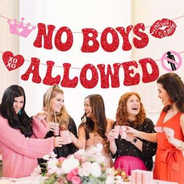 Happy Galentine's Day Decoration No Boys Allowed Banner Valentines Day Be My Galentine Decor Girls Women Bachelorette Bridal Shower Gal Pals Party Glitter Supplies