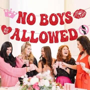 Happy Galentine's Day Decoration No Boys Allowed Banner Valentines Day Be My Galentine Decor Girls Women Bachelorette Bridal Shower Gal Pals Party Glitter Supplies