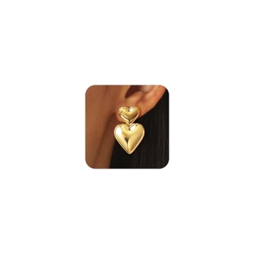 Gold Heart Earrings for Women, Cute Statement Heart Studs Earrings Dainty Love Drop Earrings Hypoall...