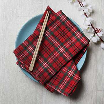 DG Collections Dinner Napkins, 100% Cotton Over Sized Kitchen Napkins, Set of 12 Pack (19 x 19 Inch) Red & Green Plaid for Christmas and Thanksgiving with Mitered Corner and Lint Free