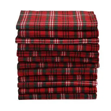DG Collections Dinner Napkins, 100% Cotton Over Sized Kitchen Napkins, Set of 12 Pack (19 x 19 Inch) Red & Green Plaid for Christmas and Thanksgiving with Mitered Corner and Lint Free