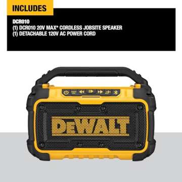 DEWALT 20V MAX Bluetooth Speaker, 100 ft Range, Durable for Jobsites, Phone Holder Included, Lasts 8-10 Hours with Single Charge (DCR010)
