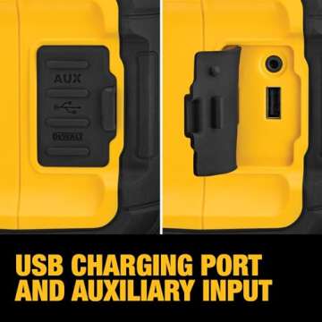 DEWALT 20V MAX Bluetooth Speaker, 100 ft Range, Durable for Jobsites, Phone Holder Included, Lasts 8-10 Hours with Single Charge (DCR010)