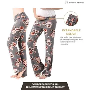 Alina Mae Maternity Women Pajama Pant Stretchy Comfy Wide Soft Palazzo Elastic Pregnancy Lounge Casual PJs (Grey Floral, 12-14)