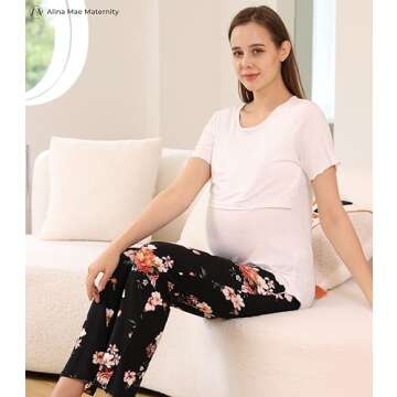 Alina Mae Maternity Women Pajama Pant Stretchy Comfy Wide Soft Palazzo Elastic Pregnancy Lounge Casual PJs (Grey Floral, 12-14)