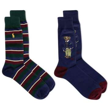 POLO RALPH LAUREN Men's 2-Pack Assorted Polo Bear Dress Sock, Navy Assorted/Boston Commons Bear, 10-...