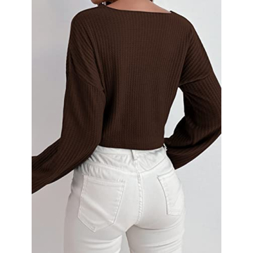 SOLY HUX Casual V Neck Waffle Crop Top for Women