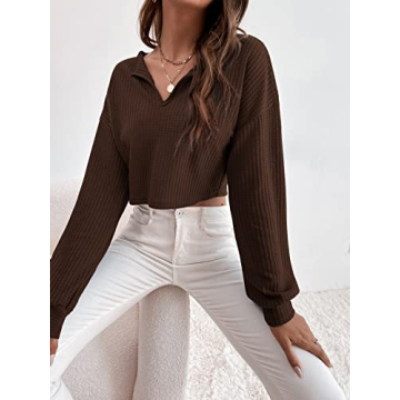 SOLY HUX Casual V Neck Waffle Crop Top for Women