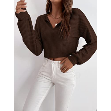 SOLY HUX Casual V Neck Waffle Crop Top for Women