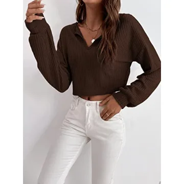 SOLY HUX Casual V Neck Waffle Crop Top for Women