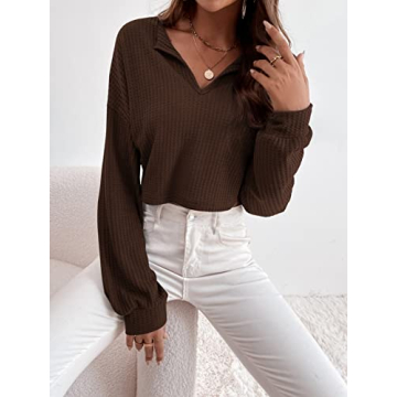 SOLY HUX Casual V Neck Waffle Crop Top for Women