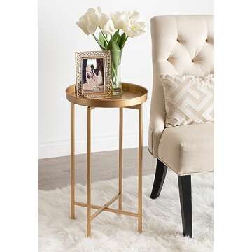 Kate and Laurel Celia Round Metal Foldable Accent Table with Tray Top, Gold