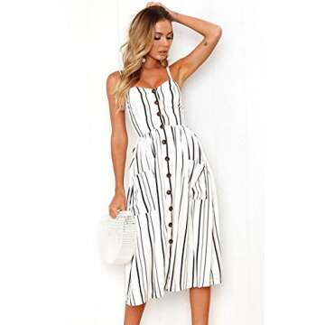 Angashion Women's Dresses-Summer Floral Bohemian Spaghetti Strap Button Down Swing Midi Dress White Striped S
