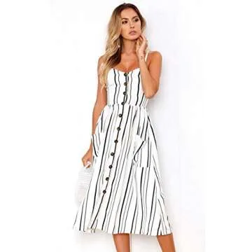 Angashion Women's Dresses-Summer Floral Bohemian Spaghetti Strap Button Down Swing Midi Dress White Striped S
