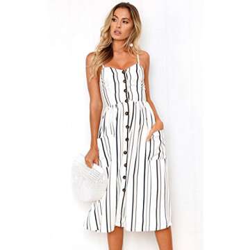 Angashion Women's Dresses-Summer Floral Bohemian Spaghetti Strap Button Down Swing Midi Dress White Striped S