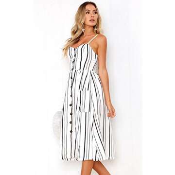 Angashion Women's Dresses-Summer Floral Bohemian Spaghetti Strap Button Down Swing Midi Dress White Striped S