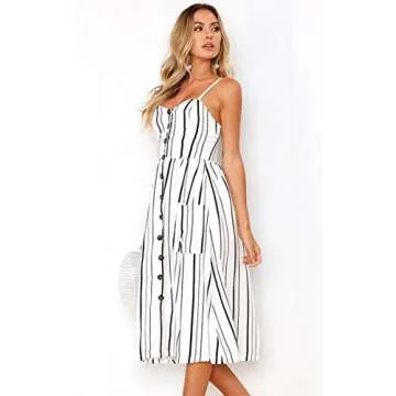Angashion Women's Dresses-Summer Floral Bohemian Spaghetti Strap Button Down Swing Midi Dress White Striped S