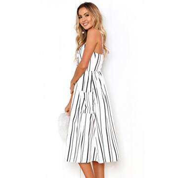 Angashion Women's Dresses-Summer Floral Bohemian Spaghetti Strap Button Down Swing Midi Dress White Striped S