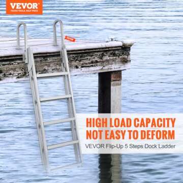 VEVOR Dock Ladder Flip Up 5 Steps, 350lbs Load Capacity, Aluminum Pontoon Boat Ladder with 4" Wide S...