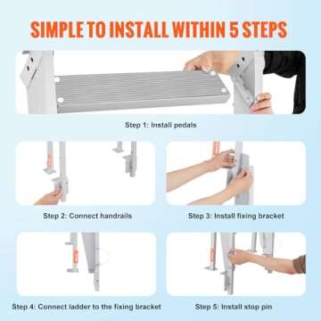 VEVOR Dock Ladder Flip Up 5 Steps, 350lbs Load Capacity, Aluminum Pontoon Boat Ladder with 4" Wide Step & Nonslip Mat,Swim Step Ladder for Ship/Lake/Pool/Marine Boarding