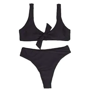 QINSEN Ladies Push up Padded Bandage High Waist Thong 2PCS Bikini Bathing Suit Black S
