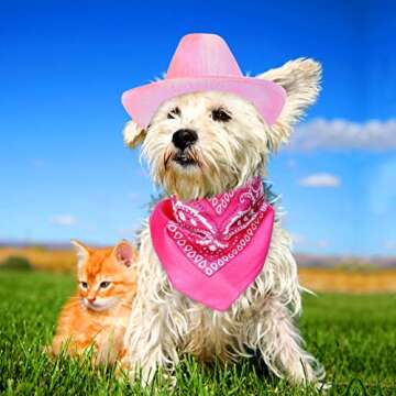 Yewong Pet Neon Sparkly Glitter Space Cowboy Hat Costume Set Dog Cat Metallic Space Shiny Cowboy Hats with Paisley Bandana West Cowboy Accessories for Pets (Metallic Pink) One Size