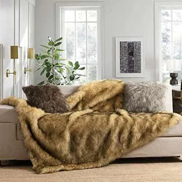 Luxury Plush Faux Fur Throw Blanket, Long Pile Golden Yellow with Black Tipped Blanket, Super Warm, ...