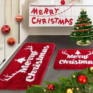 BOANKODU Christmas Bathroom Rugs Extra Soft Bath Mat, Ultra Absorbent Christmas Bathroom Rug, Bathroom Mat with Non-Slip Bottom (32x20 inch + 24x16 Inch)