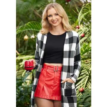 Womens Christmas Plaid Open Front Cardigan Print Long Sleeve Casual Lightweight Kimono Black & White XL