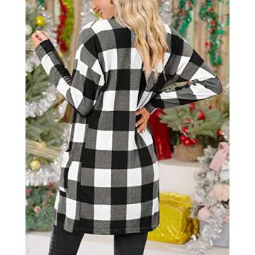 Womens Christmas Plaid Open Front Cardigan Print Long Sleeve Casual Lightweight Kimono Black & White XL