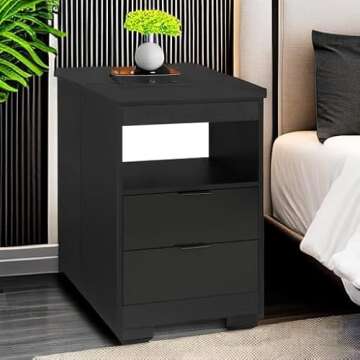 ADORNEVE LED Nightstand - Black Wooden Bedside Table with Wireless Charging