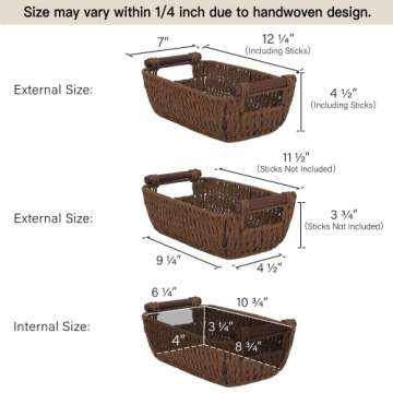 StorageWorks Handwoven Small Wicker Baskets, Round Paper Rope Storage Baskets with Wooden Handles, Dark Brown, 2-Pack