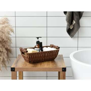 StorageWorks Handwoven Small Wicker Baskets, Round Paper Rope Storage Baskets with Wooden Handles, Dark Brown, 2-Pack