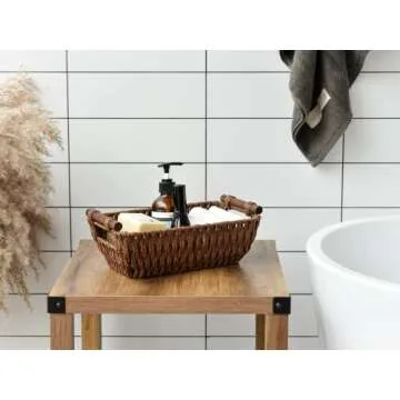 StorageWorks Handwoven Small Wicker Baskets, Round Paper Rope Storage Baskets with Wooden Handles, Dark Brown, 2-Pack