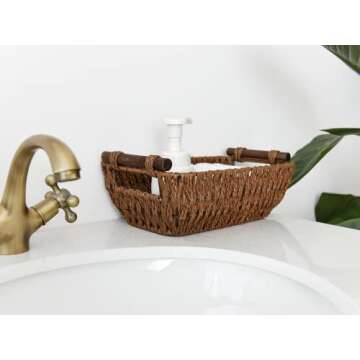 StorageWorks Handwoven Small Wicker Baskets, Round Paper Rope Storage Baskets with Wooden Handles, Dark Brown, 2-Pack