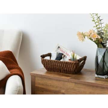 StorageWorks Handwoven Small Wicker Baskets, Round Paper Rope Storage Baskets with Wooden Handles, Dark Brown, 2-Pack