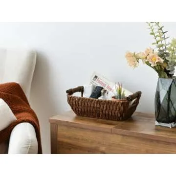 StorageWorks Handwoven Small Wicker Baskets, Round Paper Rope Storage Baskets with Wooden Handles, Dark Brown, 2-Pack